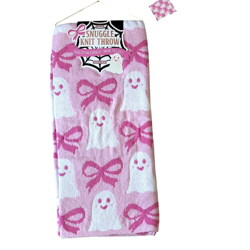 New ENVOGUE Ghost Bow Throw 50x70 Chic Plush Pink Halloween Cozy Girly Blanket